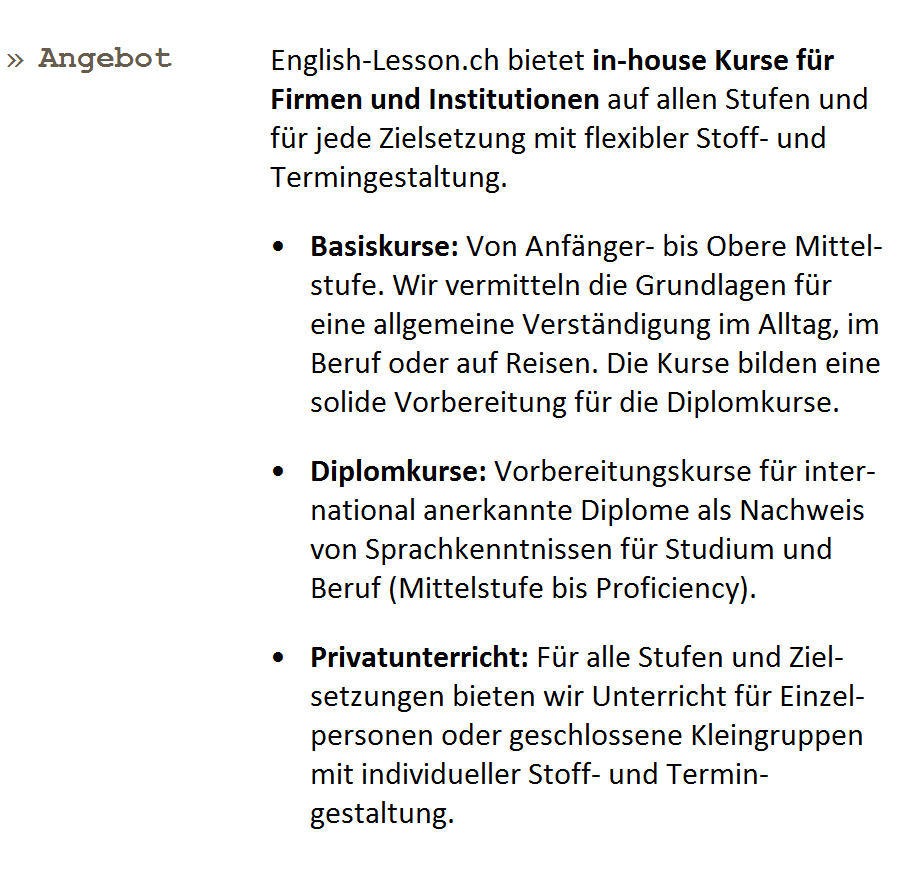 English-Lesson.ch > Angebot